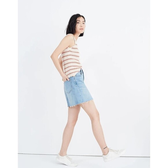 NWT MADEWELL Rigid Denim A-Line Raw Hem Mini Blue Jean Skirt Size 31 - Picture 2 of 8
